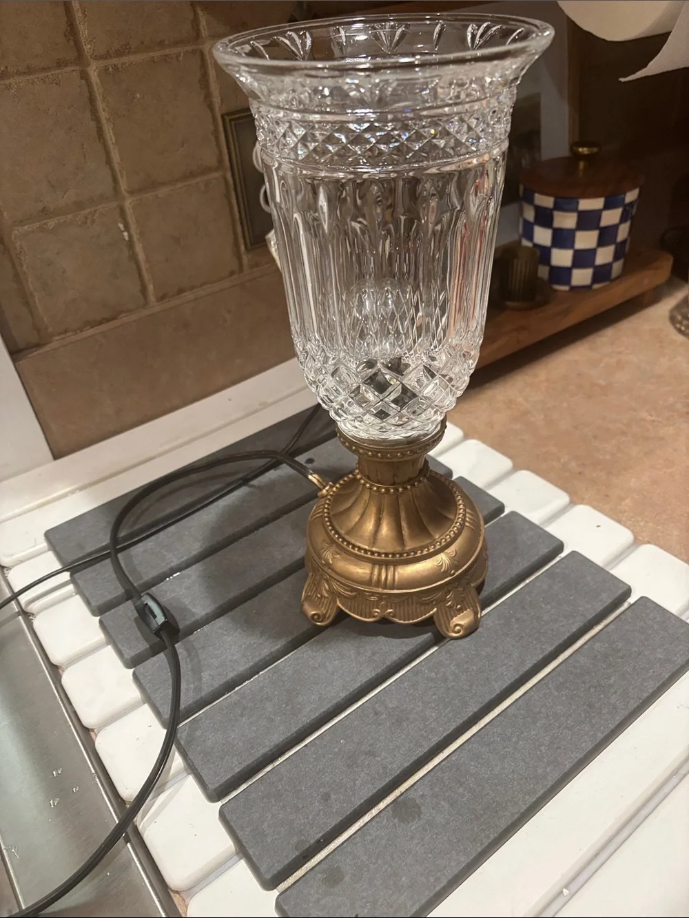 Cut Crystal Hurricane Lamp with Ornate Gold-Tone Base